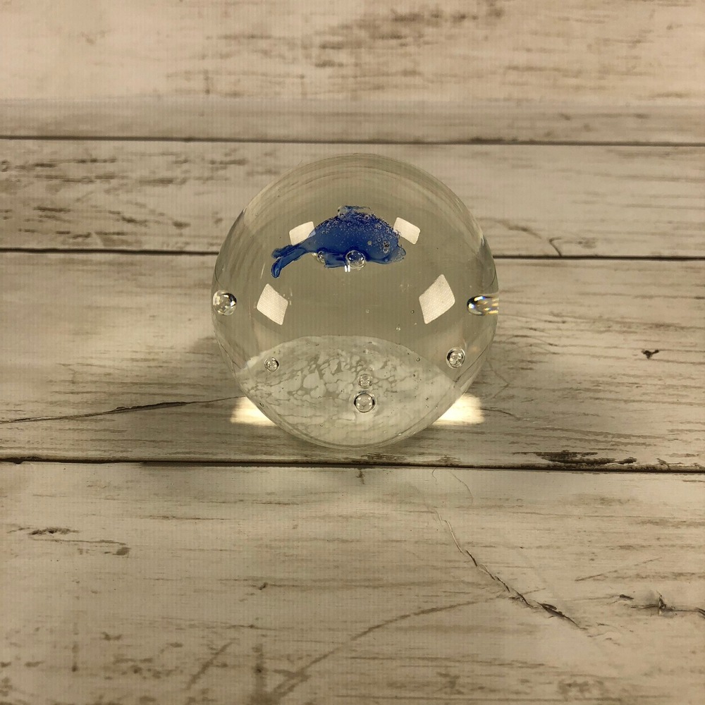 Seapoot Group Art Glass Paperweight Blue Fish Controlled Bubbles American Design